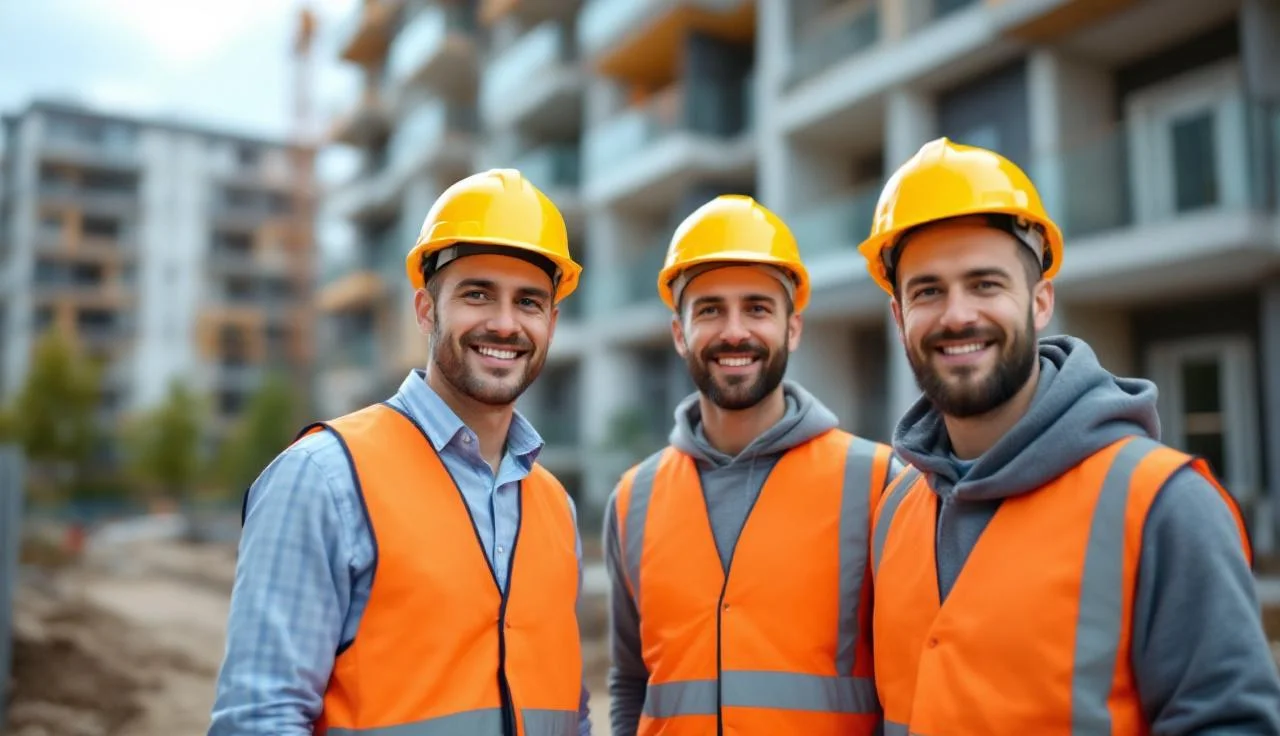 Équipe de maçons roumains travaillant ensemble sur un chantier français de gros oeuvre