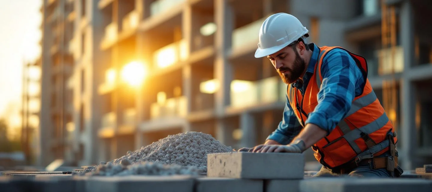 Maçon roumain en détachement sur chantier France posant des parpaings sous le soleil