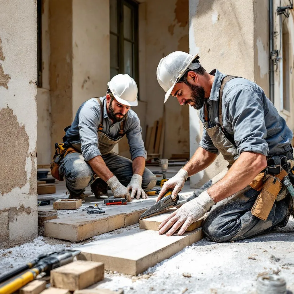 Maçon et carreleur roumains au travail sur un chantier français