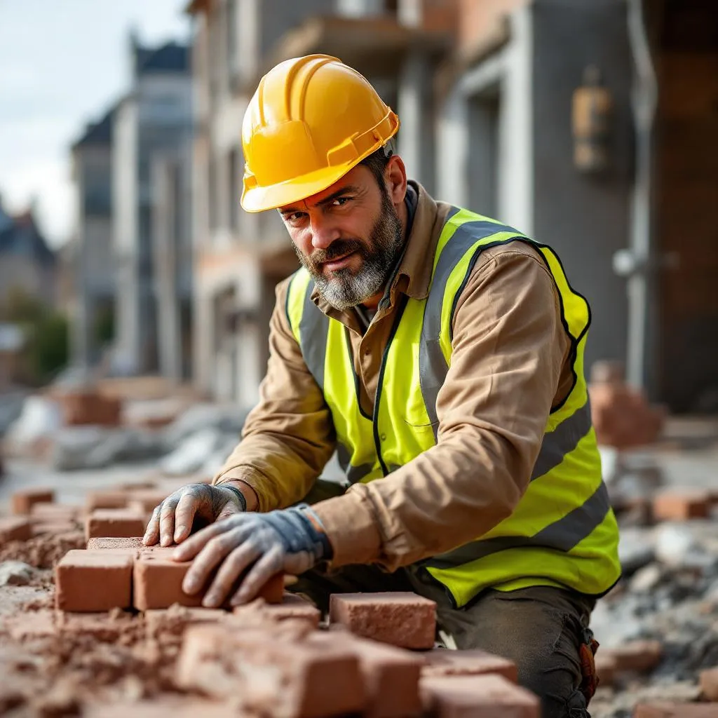 Maçon roumain qualifié sur un chantier de construction en France